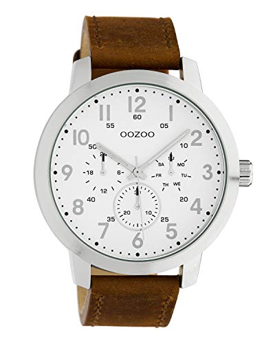 Oozoo C10505 - Orologio da uomo con cinturino in pelle, 45 mm, colore: Argento/Bianco/Marrone