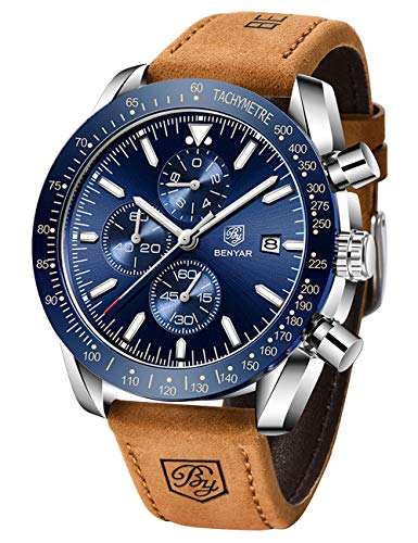 Benyar Orologio da uomo al quarzo Cronografo Business Luxury Brand Orologio impermeabile Moda Orologio in pelle marrone (Argento blu)