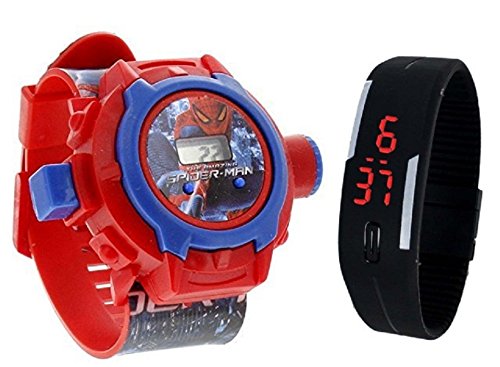 Pappi-Haunt qualità Garantita – Kids Special Toys – Confezione di 2 – Spiderman proiettore Band Watch + Jelly Slim Nero Digitale LED Orologio per Bambini, Bambini