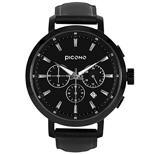 Picono serie D-TIME NO.DT-9202 orologio analogico al quarzo resistente all'acqua multi quadrante nero cinturino in pelle