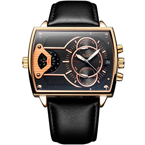 Sailine, orologio da polso analogico al quarzo, da uomo, con calendario, cinturino in pelle (Black-Gold)