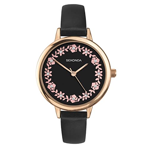 Sekonda, orologio da donna color oro rosa, cinturino nero e quadrante con pietre floreali 2818