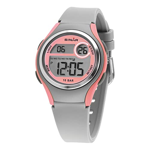 Sinar XE-64-9, orologio digitale da polso per ragazze con display LCD al quarzo con cifre illuminate, impermeabile fino a 10 bar e con cinturino in silicone, ideale per sport e attività all'aperto
