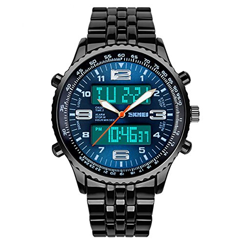 Skmei Orologio da uomo blu grande doppio tempo chiaro analogico e digitale, cronometro, sveglia, resistente all'acqua fino a 30 m