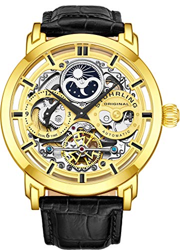 Stuhrling Original Mens Automatic-Self-Wind Luxury Dress Skeleton Dual Time Gold-Tone Wrist-Watch 22 Jewels 47 mm Stainless Steel Case Decorative Exposed Back Embossed Supple Genuine Leather Strap …