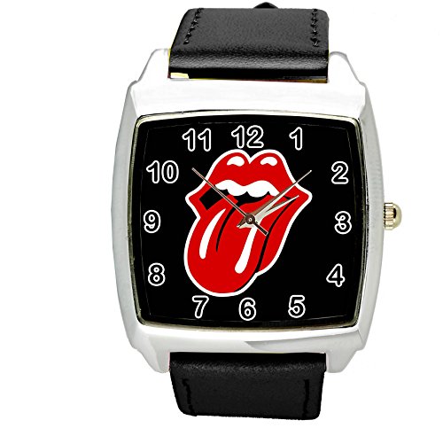 Taport Rolling Stones orologio al quarzo quadrato nero cinturino in vera pelle + batteria di ricambio + sacchetto regalo