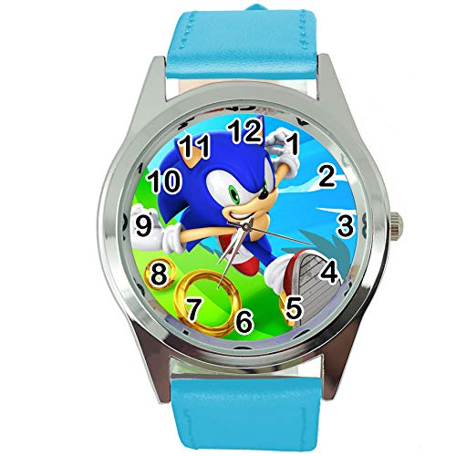 Taport®, orologio al quarzo con cinturino in pelle blu, rotondo, per fan di Sonic The Hedgehog E3