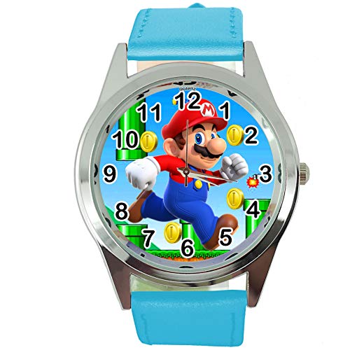 Orologio al quarzo rotondo, cinturino in pelle blu, motivo: idraulico Super Mario