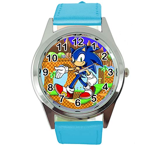 Taport® Orologio al quarzo con cinturino in pelle azzurra per i fan di Sonic The Hedgehog