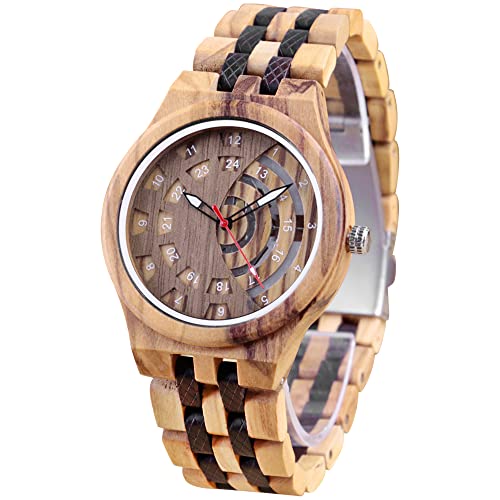 Orologio da uomo in legno motivo geometrico invertito orologio al quarzo orologio da uomo leggero realizzato a mano cinturino regolabile in legno (Q2033)