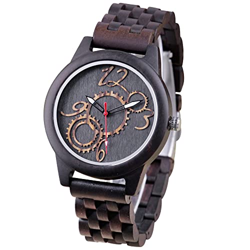 Orologio da uomo in legno motivo incisione digitale invertito orologio al quarzo orologio da uomo leggero realizzato a mano cinturino regolabile in legno (Q2039)