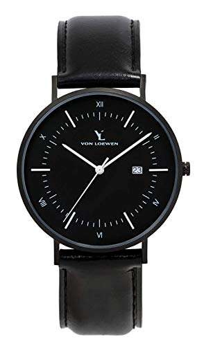 LOEWEN orologio da polso in pelle Classic ERKON (uomo e donna) – Orologio con cinturino in pelle (nero opaco), orologio da polso in nero