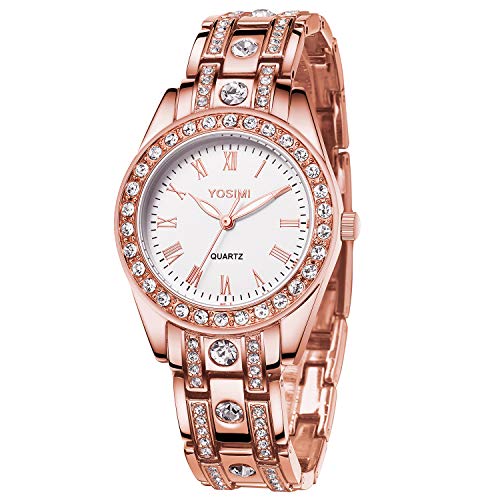 YOSIMI orologio donna impermeabile cinturino in oro rosa rotondo numeri romani cristalli bracciale con lancette luminose