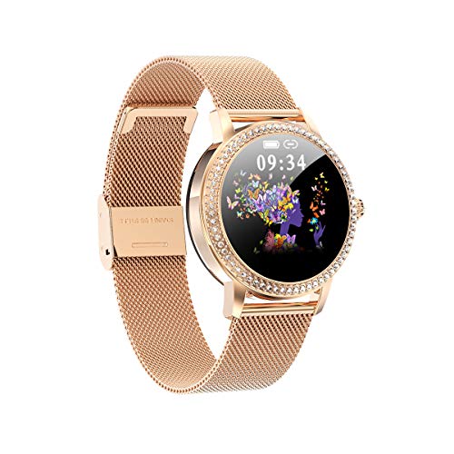 Aliwisdom Smartwatch per Donna Bambini, 1,08'' Rotondo Smartwatch Fitness Tracker Impermeabil Orologio Fitness Cinturino in Metallo per iPhone Android, con Promemoria Intelligente (Oro Rosa 1)
