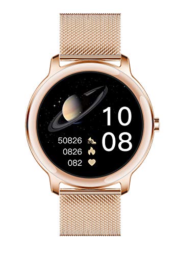Aliwisdom Smartwatch per donna bambini, 1,1 pollici Rotondo Smart watch Fitness Tracker impermeabile orologio fitness per iOS Android, con Promemoria intelligente (cinturino in metallo, oro rosa)
