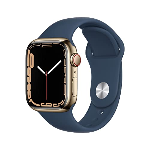 Apple Watch Series 7 GPS + Cellular, Cassa 41 mm in acciaio inossidabile color oro con Cinturino Sport blu abisso - Regular