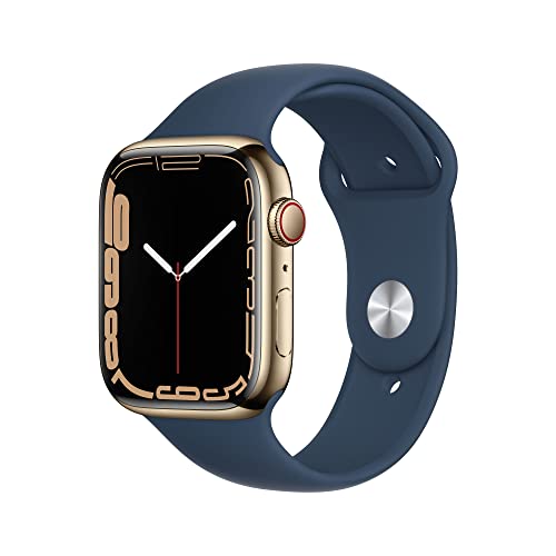 Apple Watch Series 7 GPS + Cellular, Cassa 45 mm in acciaio inossidabile color oro con Cinturino Sport blu abisso - Regular