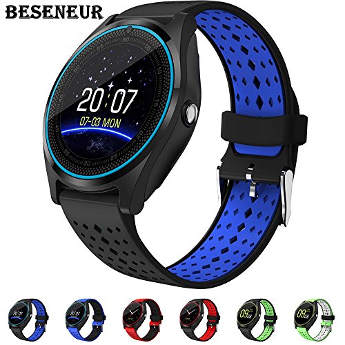 Beseneur Bluetooth Smart Watch V9 con il telefono smartwatch podómetro di sicurezza per il vostro orologio da polso per Android ios (Black Blue)