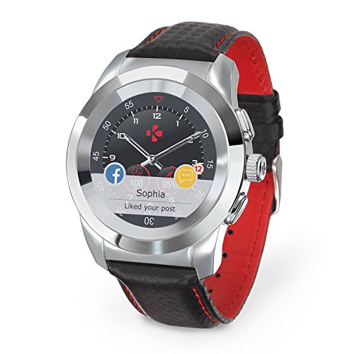 MyKronoz ZeTime-Prem-Reg Smartwatch Ibrido con Lancette Analogiche, Argento Lucido/Carbonio Nero/Cuciture Rosse