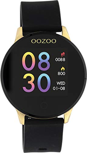 Oozoo Q00120 - Smartwatch unisex con cinturino in silicone, colore: oro/nero, 43 mm