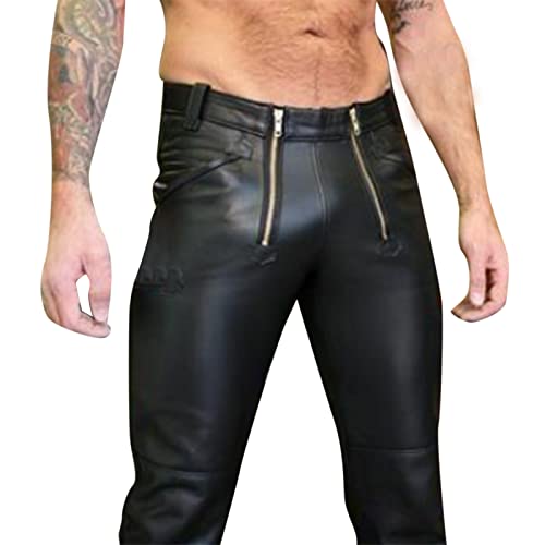 Pantaloni da motociclista da uomo in pelle PU, leggings in pelle sintetica, elasticizzati, per discoteca, colore nero lucido, effetto laccato, Nero , M