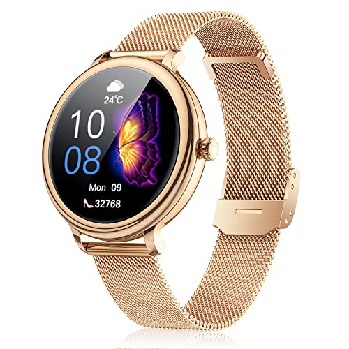 Orologio Smartwatch Donna Fitness Tracker: Compatibile per Android iOS Iphone con Impermeabile Cardiofrequenzimetro Contapassi Bluetooth Sport 1.09'' Rotondo Polso Multifunzione Femminile (Oro)